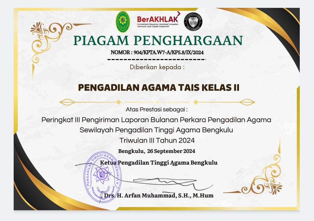 Peringkat III pengiriman laporan bulanan perkara Pengadilan Agama sewilayah Pengadilan Tinggi Agama Bengkulu